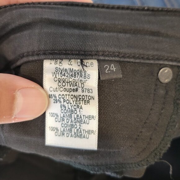 Rag & Bone Women Black Lamb Leather Cotton Low Rise Skinny Moto Jeans Size 24 - Picture 12 of 13